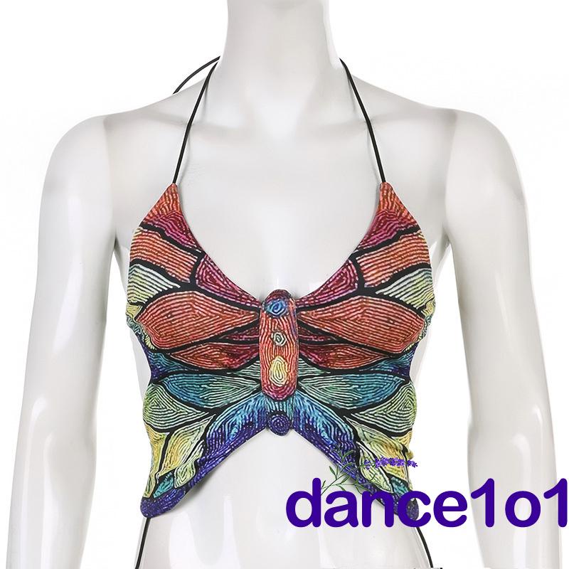 ❈ZP❀Ladies Summer Butterfly Shape Color Matching V-neck Tie Up Sleeveless Backless Tops