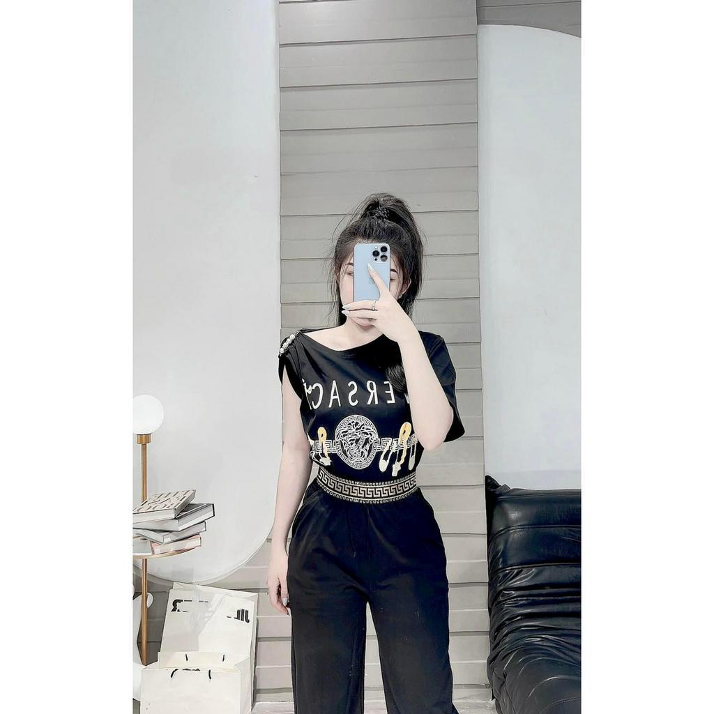 Đồ bộ nữ quần ống suông rộng áo croptop hai dây  vải thun gân