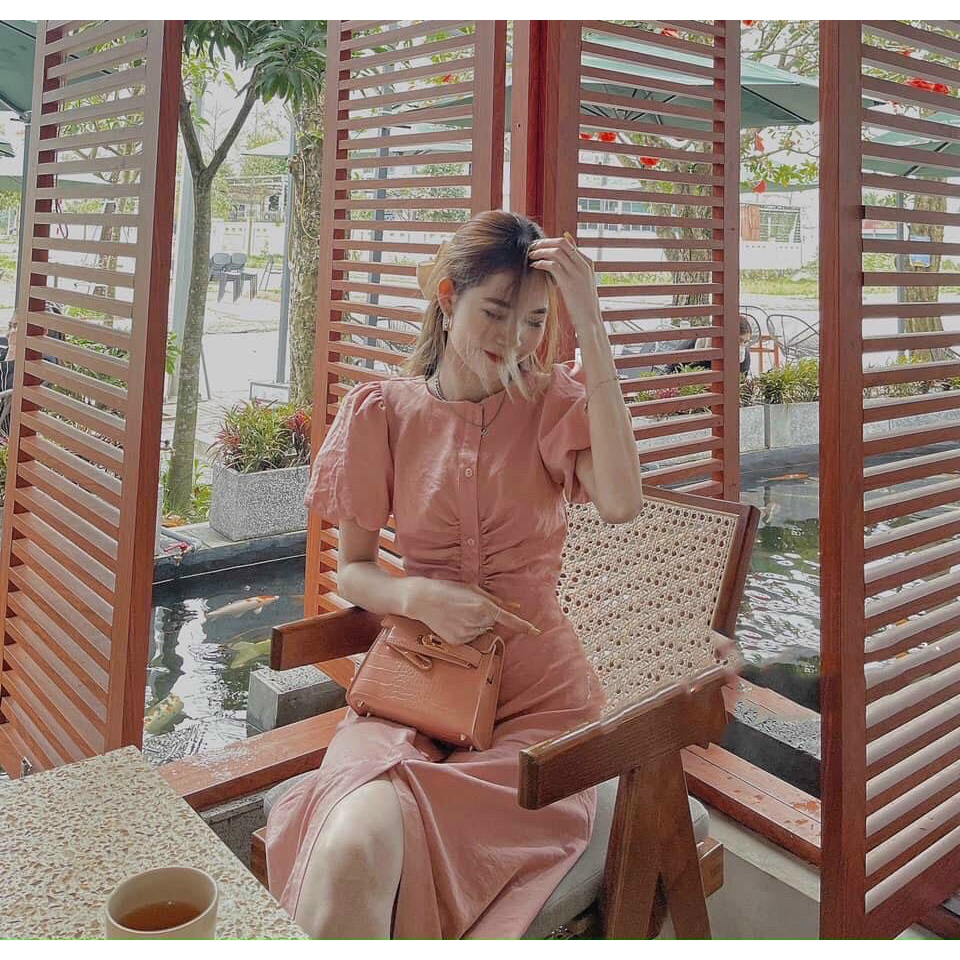 Đầm kate cổ tròn tay phồng, đầm nữ kate có cúc kiểu dáng độc đáo