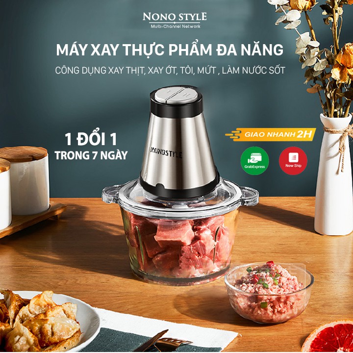 Máy Xay Thực Phẩm Thịt Cá Đa Năng NONOSTYLE - Dung Tích 2L - Lưỡi Dao 2 Tầng, Cối Thủy Tinh - BẢO HÀNH 6 THÁNG