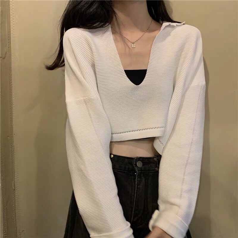 Áo Croptop Dệt Kim Tay Dài Cổ Khoét Chữ V Phong Cách Hàn Quốc