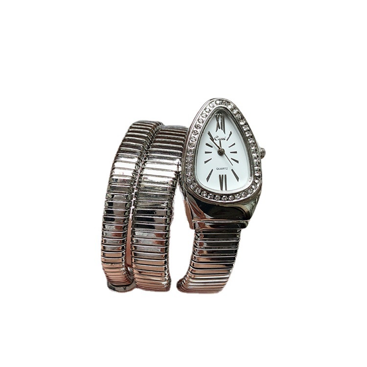 Đồng Hồ Đeo Tay Thời Trang Bằng Thép Không Gỉ Hình Đầu Rắn Đính Kim Cương Giả Cá Tính Dành Cho Nữ