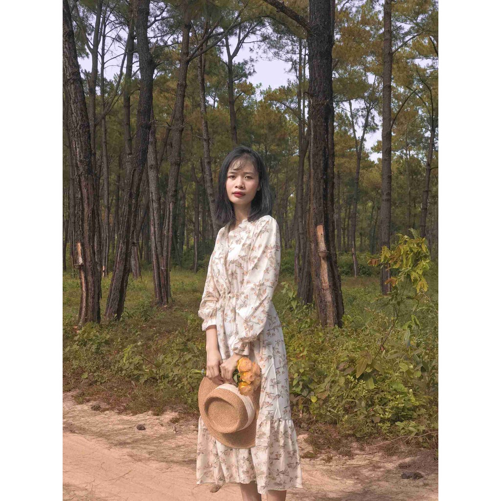 Váy Hoa Nhí Vintage Cổ V Tay Dài Dáng Dài Xòe Xinh Xắn, Đầm Ulzzang Nữ Vintage Hàn Quốc