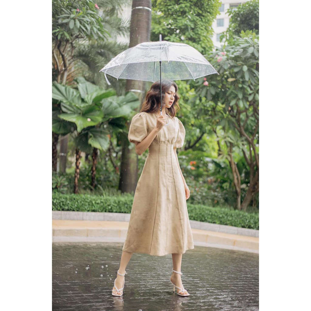 Đầm Xòe Tay Phồng Màu Nude Sang Trọng Form Dài Tôn Dáng