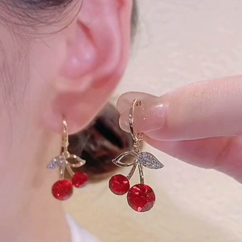 Bông Tai Mạ Bạc 925 Hình Quả Cherry Đính Đá Pha Lê Đỏ Phong Cách Thời Trang Hàn Quốc
