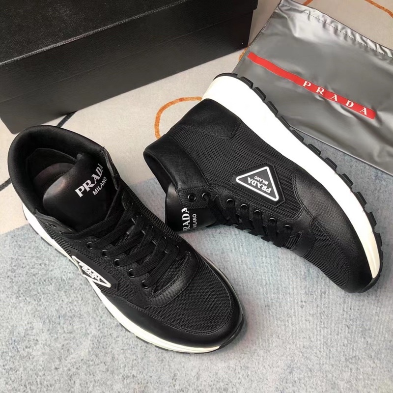 Giày thể thao nam cổ cao da thật cao cấp phối vải thương hiệu Prada cao cấp