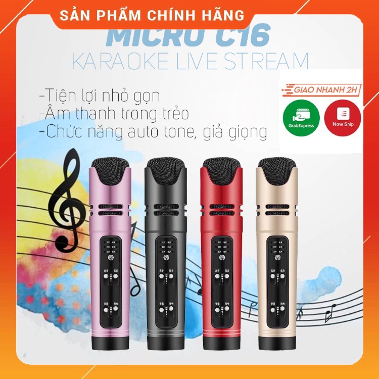Micro Thu Âm C16 Bluetooth. Chỉ Cần Cắm 2 Dây, Dễ Dàng Sử Dụng, Âm Thanh Trung Thực, Hát Livestream, Karaoke