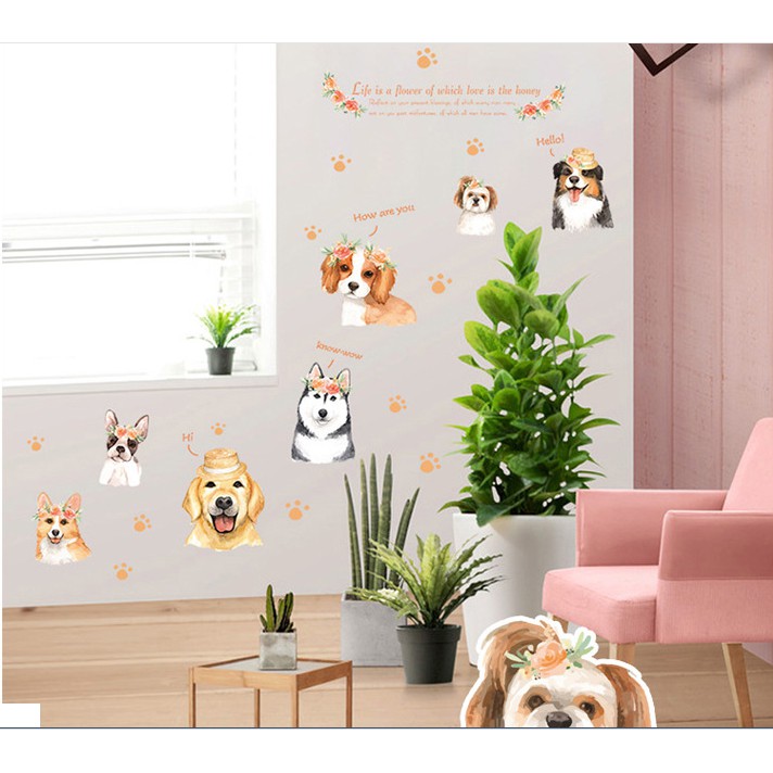 Decal trang trí tường những Chú Chó lông xù đáng yêu