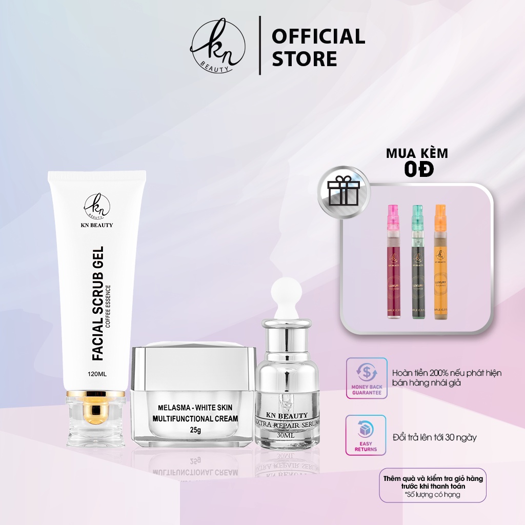 3 Trắng Da Ngừa Nám KN Beauty : Kem dưỡng 25g + Serum 30ml+ Tẩy tế bào chết 120ml tặng nước hoa mini