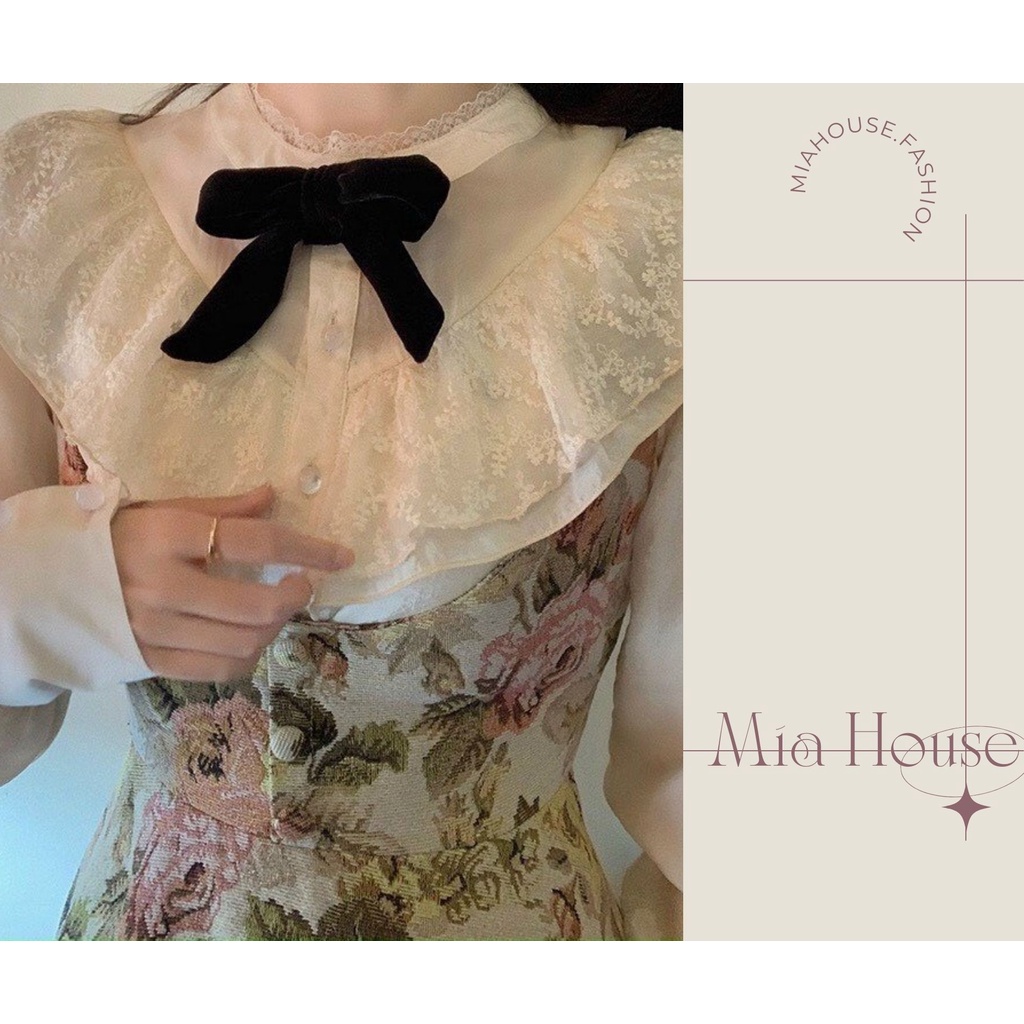 Set váy vintage dáng dài Miahouse đầm công chúa kết hợp áo sơ mi ren nữ Retro Pháp