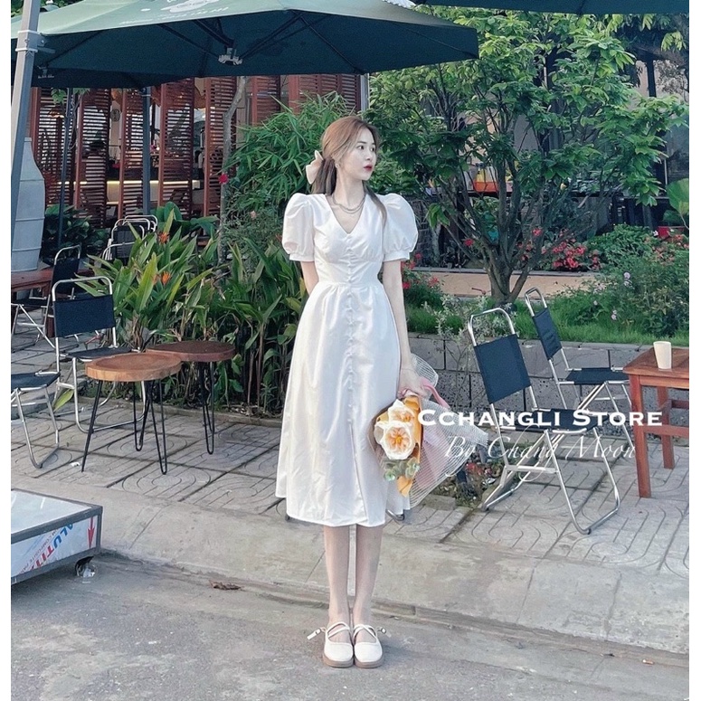 ĐẦM CỔ V MIDI NÚT BỌC TAY BÚP