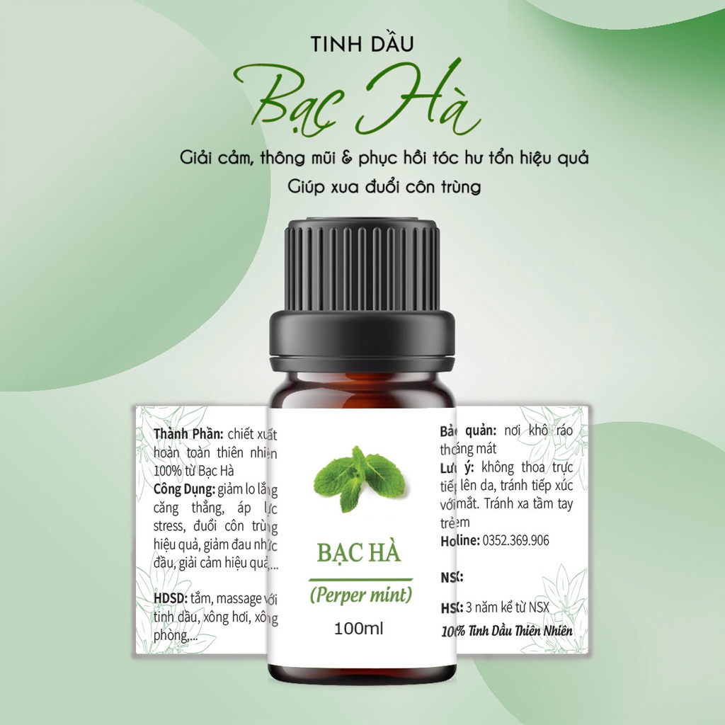 Tinh dầu Bạc Hà nguyên chất 100ml, đuổi muỗi, côn trùng, khử mùi, thơm phòng, treo xe.