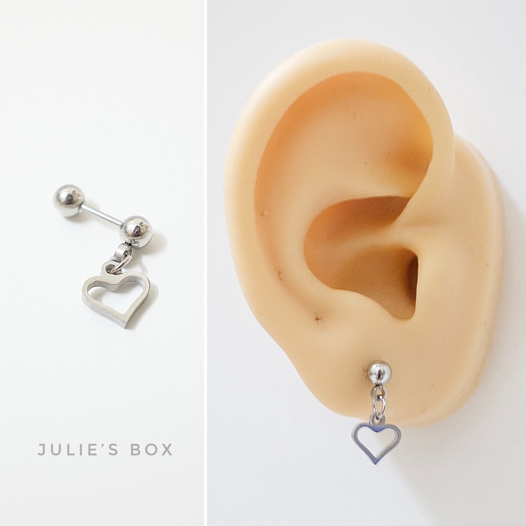 Khuyên Tai Titan Unisex Có Charm Trái Tim Rỗng Bi Tròn Không Gỉ Sét Không Ngứa Bông Tai Julies Box 66