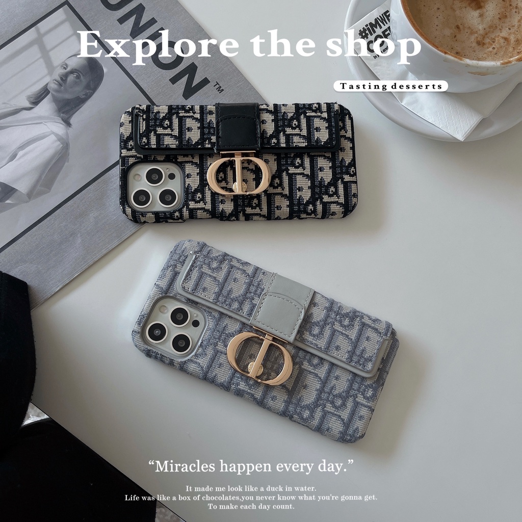 Dior Ốp Điện Thoại Nhựa Cứng Có Ngăn Đựng Thẻ Thêu Hình dior Cho iphone 15 14 13 12 11 pro max