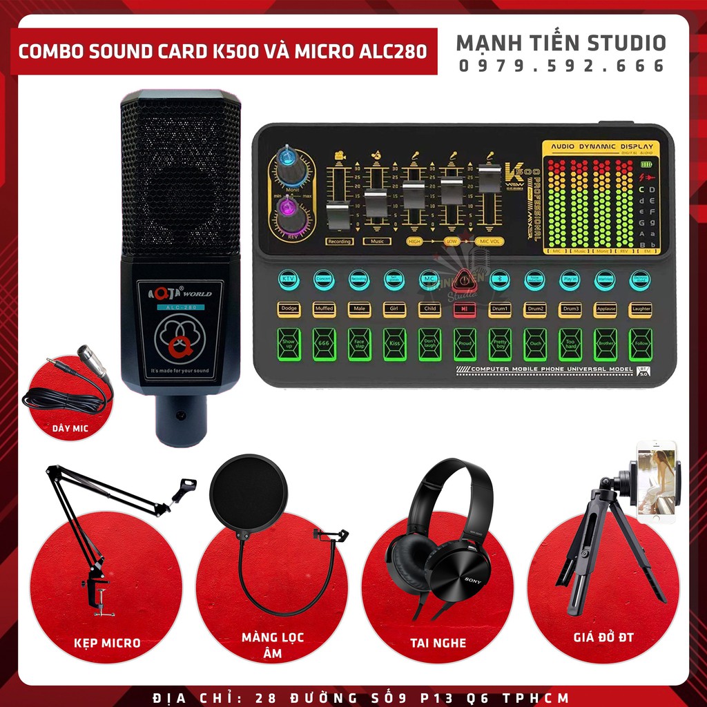 Combo thu âm livestream idol cctalk bigo tiktok karaoke Sound Card K500 Và Micro ALC280 cao cấp hay như phòng thu bh 12t