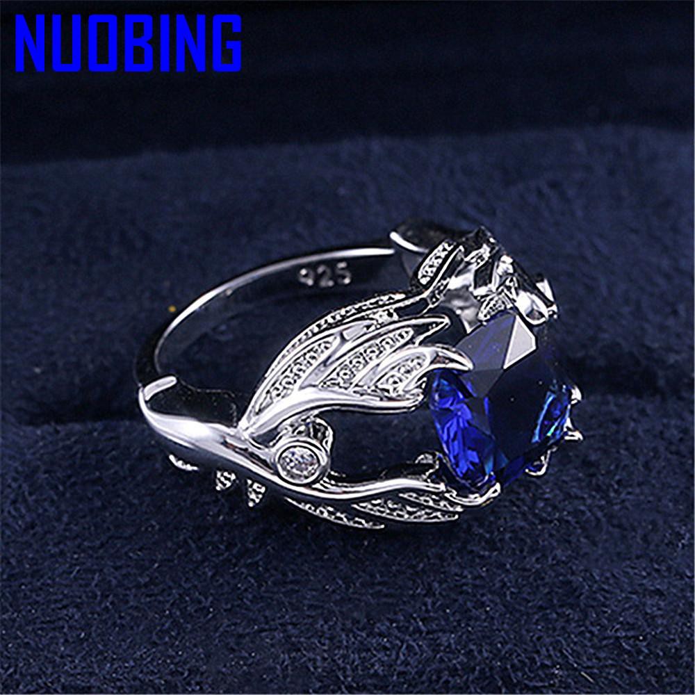 Fashion Angel Wings Blue Crystal Sapphire Gemstones Diamonds Rings For Women Men White Gold Silver Color Jewelry Bague Accessory|Rings|