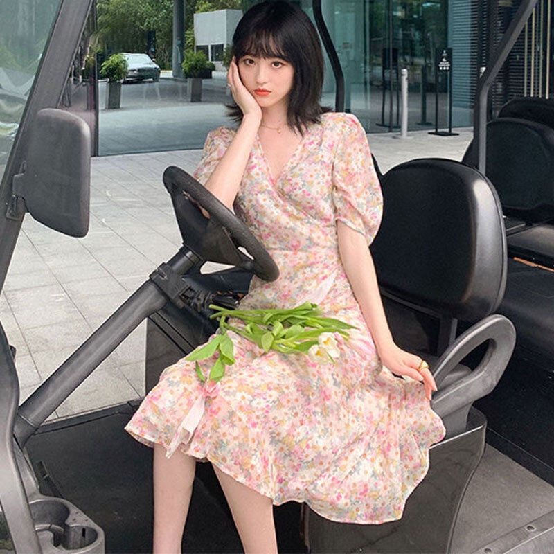 Đầm voan hoa YEYA cổ chữ v phong cách hàn quốc