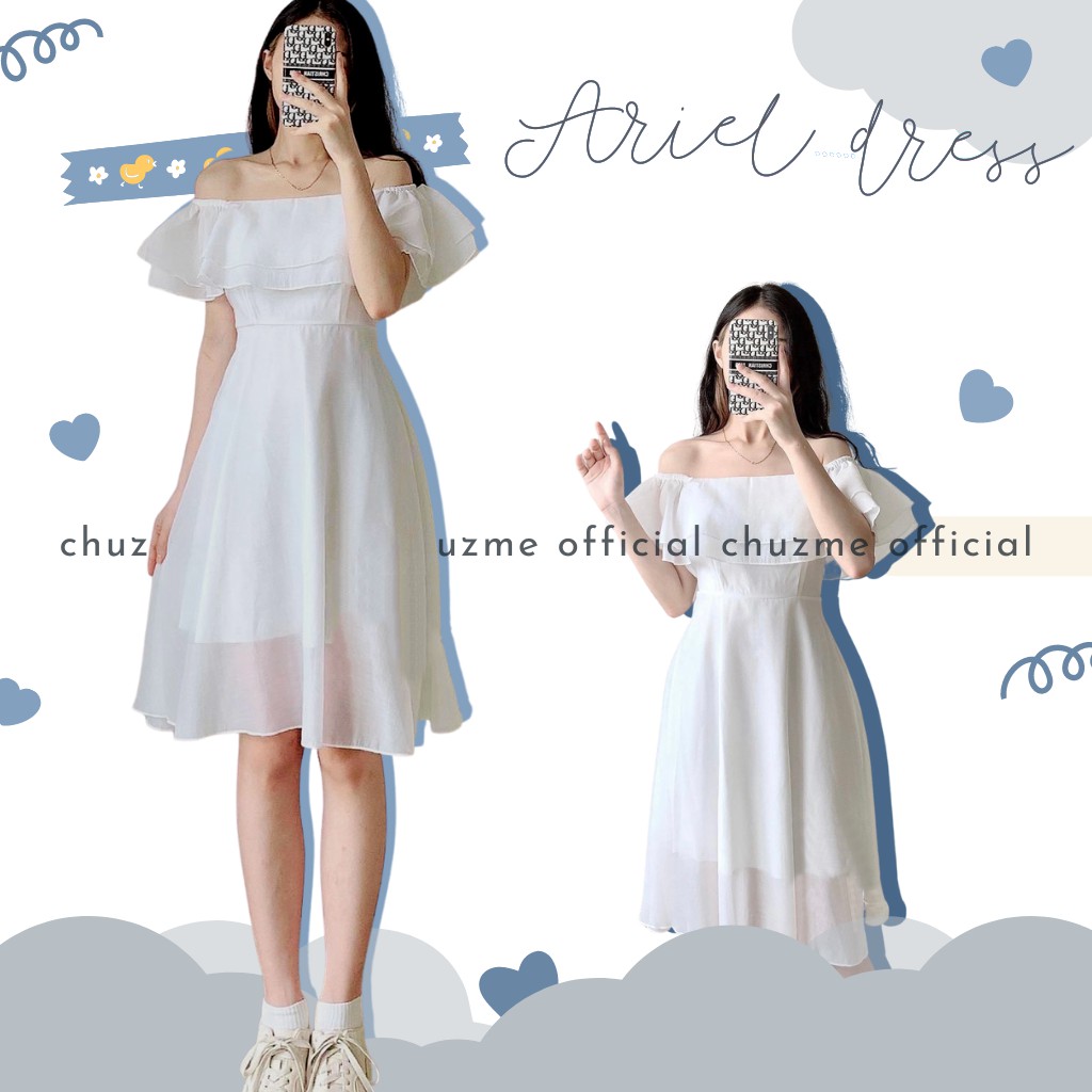 Đầm trắng trễ vai bèo bồng bềnh / Váy trắng voan tơ kỷ yếu prom dự tiệc (Ảnh thật)