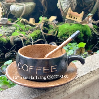 Set cốc đĩa cafe nóng dung tích 150ml gốm sứ Bát Tràng cao cấp men đen lòng nâu sang chảnh