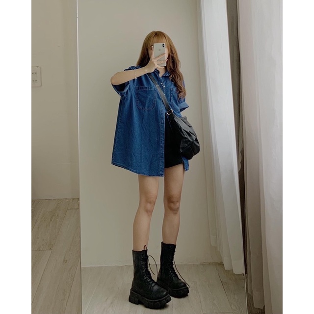 Sơ mi denim cộc tay oversize 2 túi, sơ mi bò form rộng nam nữ 778