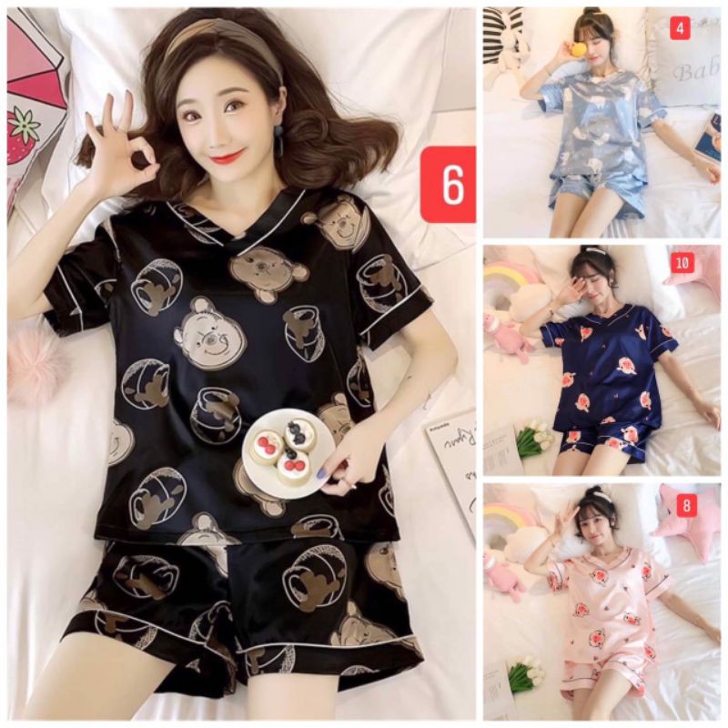 Bộ lụa ngủ, pijama cộc tay mặc nhà ulzzang in hình họa tiết dễ thương