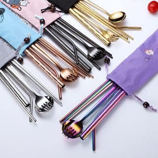 304 Food Stainless Steel Reusable 8pcs Set Metal Printing Straws Chopsticks Fork Spoon Straw W/ Cute Pouch Set