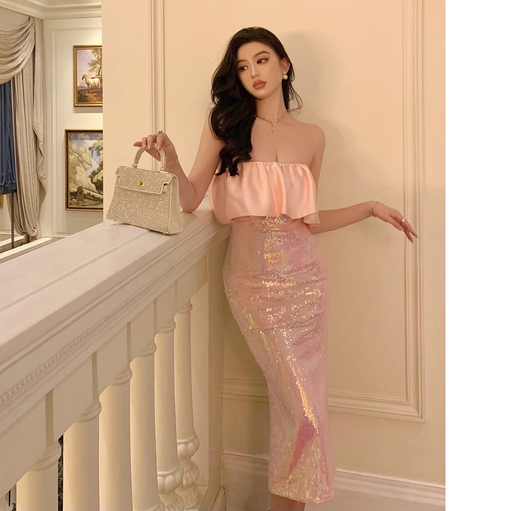 Đầm Cúp Ngực Ôm Dáng Đính Sequin Lấp Lánh Phong Cách Quyến Rũ Dành Cho Nữ