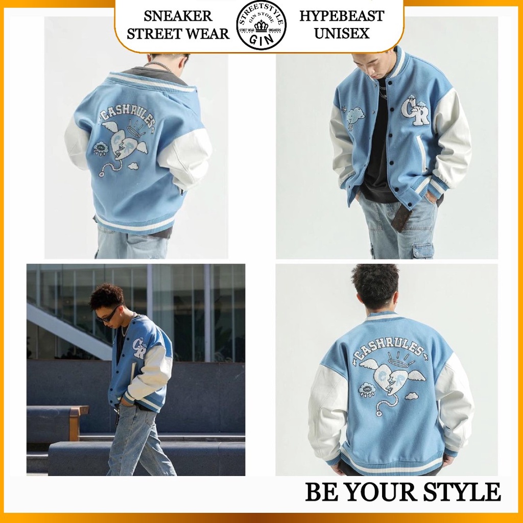 Áo khoác bomber nam nữ kaki oversize form rộng bóng chày phối xanh thêu chất nỉ bông dày unisex - Gin Store