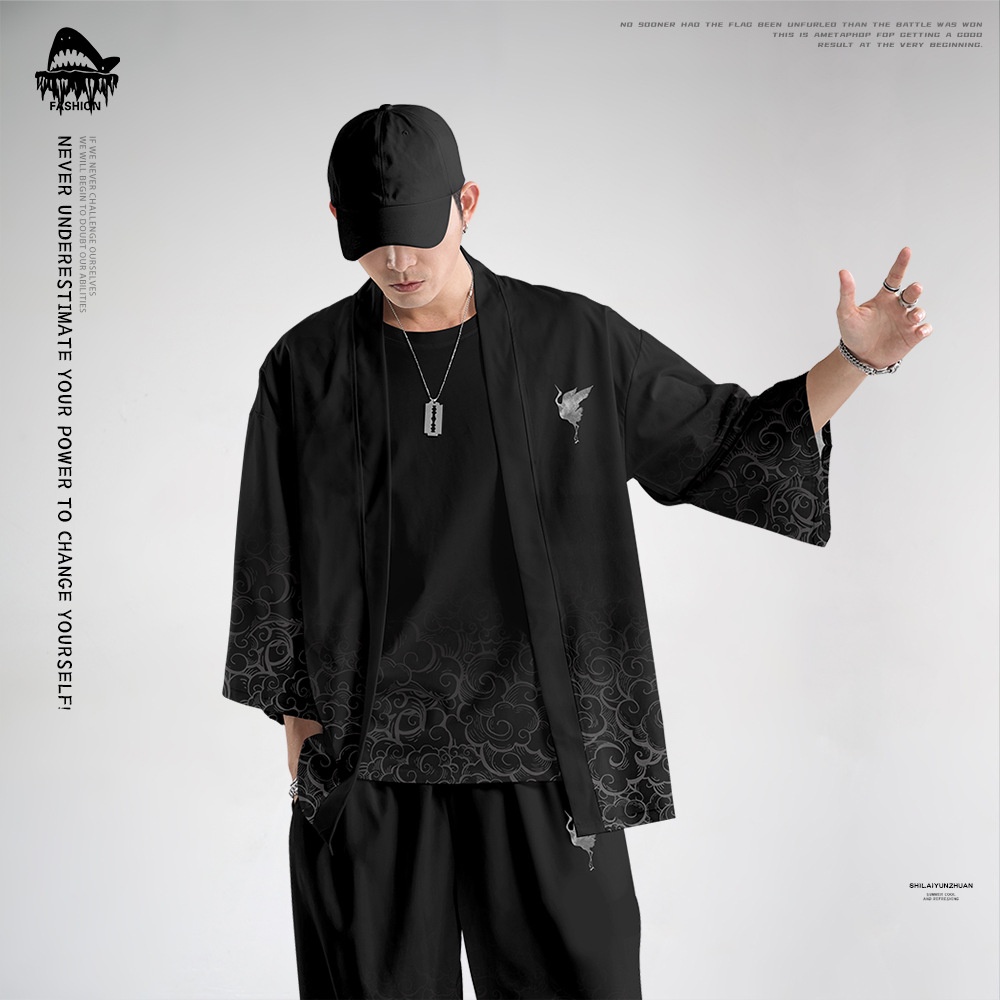 Bộ Đồ Kimono Nhật Bản Màu Đen In Họa Tiết Phong Cách Samurai Cổ Điển Dành Cho Nam Và Nữ