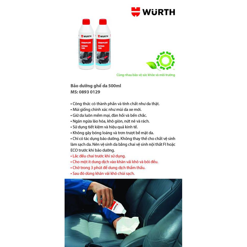 Dưỡng da nội thất ô tô Wurth Leather Care PHIÊN BẢN MỚI 2021 [CHÍNH HÃNG] - Dùng được cả cho giày, túi xách, áo da