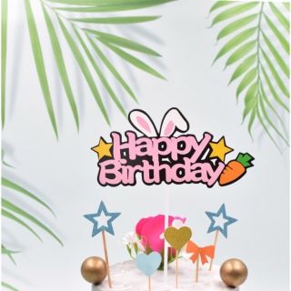 Hình cắm Happy Birtday Thỏ cà rốt trang trí bánh kem, topper cake