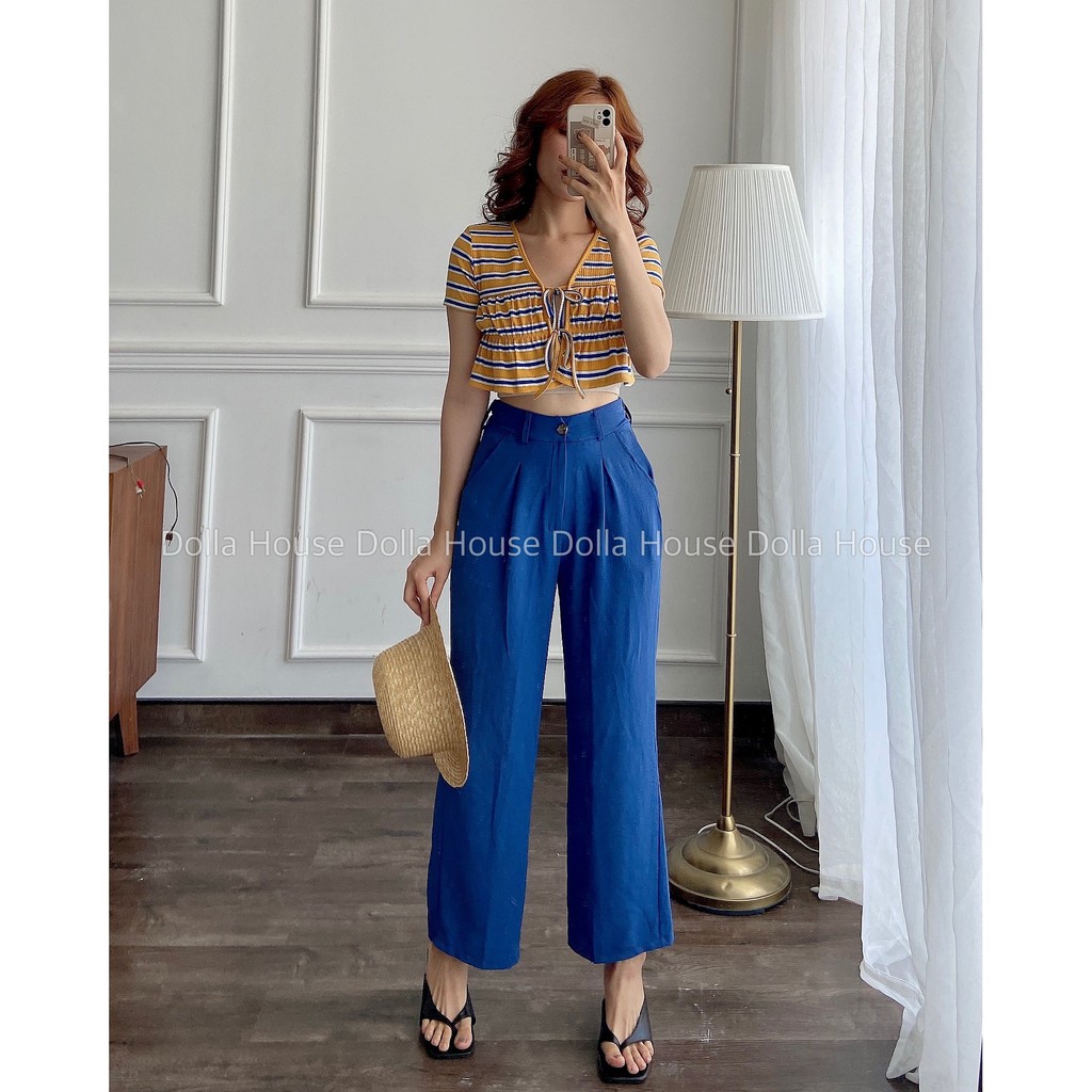 Set Quần Ống Suông Vải Đũi Xanh Coban Với Áo Croptop Ngắn Tay Sọc ( Ảnh Thật ) DollaHouse