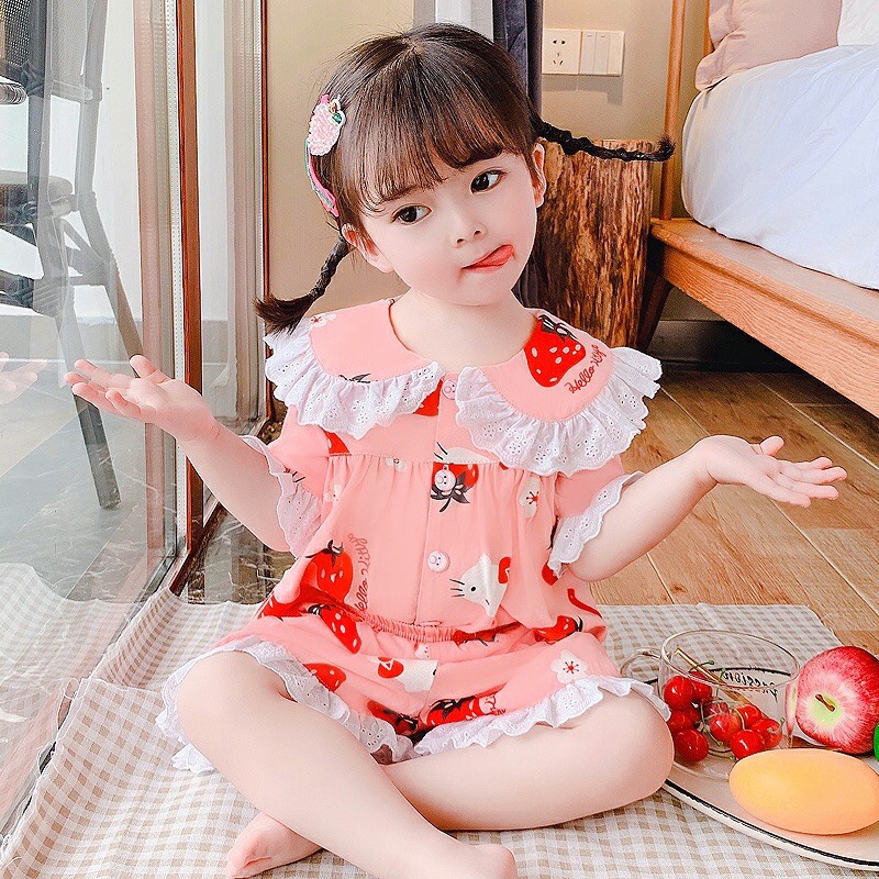 Bộ pizama thô mềm phối ren cho bé gái từ 8-20kg