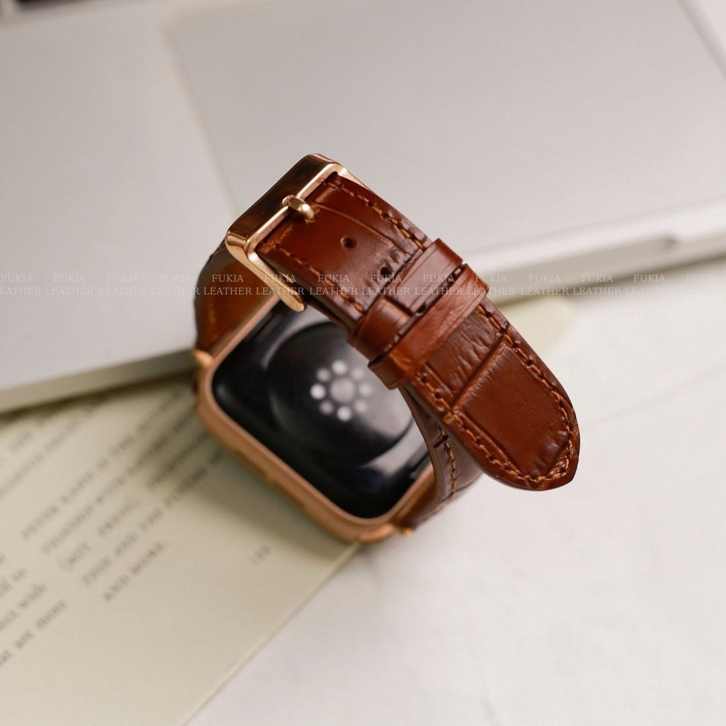 Dây da bò trơn dập vân cá sấu nâu dành cho Apple Watch, đồng hồ thông minh, đồng hồ cơ