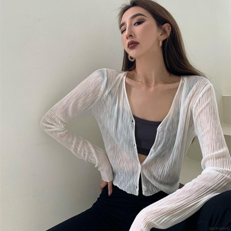 Áo Cardigan Dệt Kim Mỏng Tay Dài Cổ Chữ V Thời Trang Mùa Hè Cho Nữ