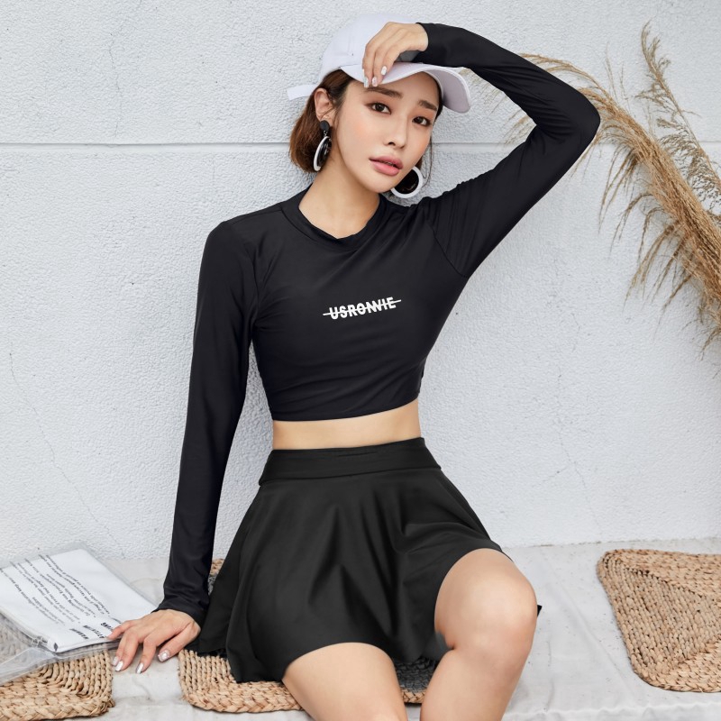 2019 áo tắm mới nữ hàn quốc váy xẻ eo cao màu đen dài tay chống nắng lặn phù hợp với bụng che hai mảnh đồ bơi