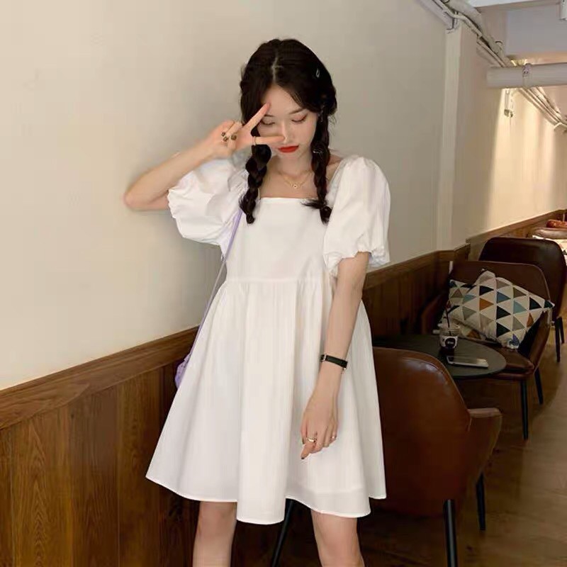 Váy Babydoll Bánh Bèo Tay Bồng Nữ - Rere.Store [FREESHIP] - Đầm tiểu thư cộc tay màu trắng basic Ulzzang