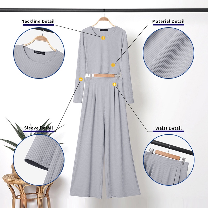 Set quần áo hai món ZANZEA cổ tròn dài tay ống rộng eo cao thời trang mặc nhà thường ngày cho nữ