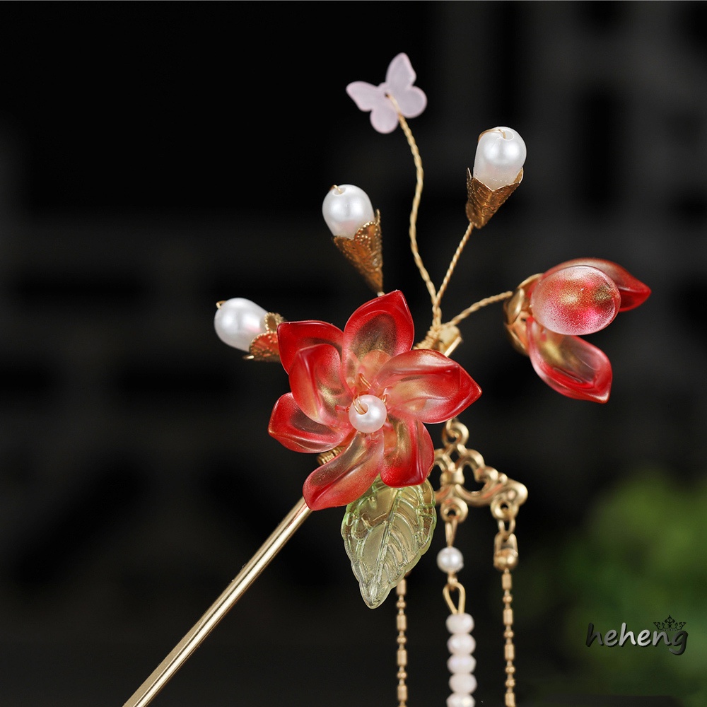 Kẹp Tóc Hoa Tráng Men Phối Tua Rua Màu Sắc Đáng Yêu Phong Cách Trung Hoa Cho Bé Gái