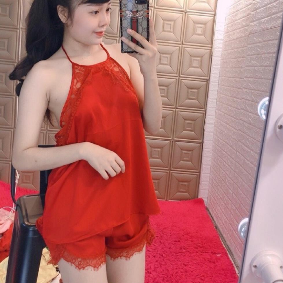 Đồ ngủ sexy ❣️FREE SHIP❣️ Đồ ngủ yếm cột dây ren mi sexy lụa satin cao cấp freesize <60kg | BigBuy360 - bigbuy360.vn