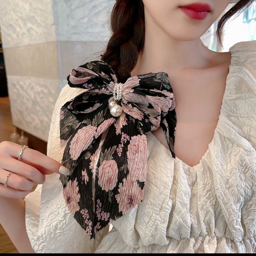 Kẹp Tóc Đính Nơ Họa Tiết Hoa Phong Cách Hàn Quốc Xinh Xắn