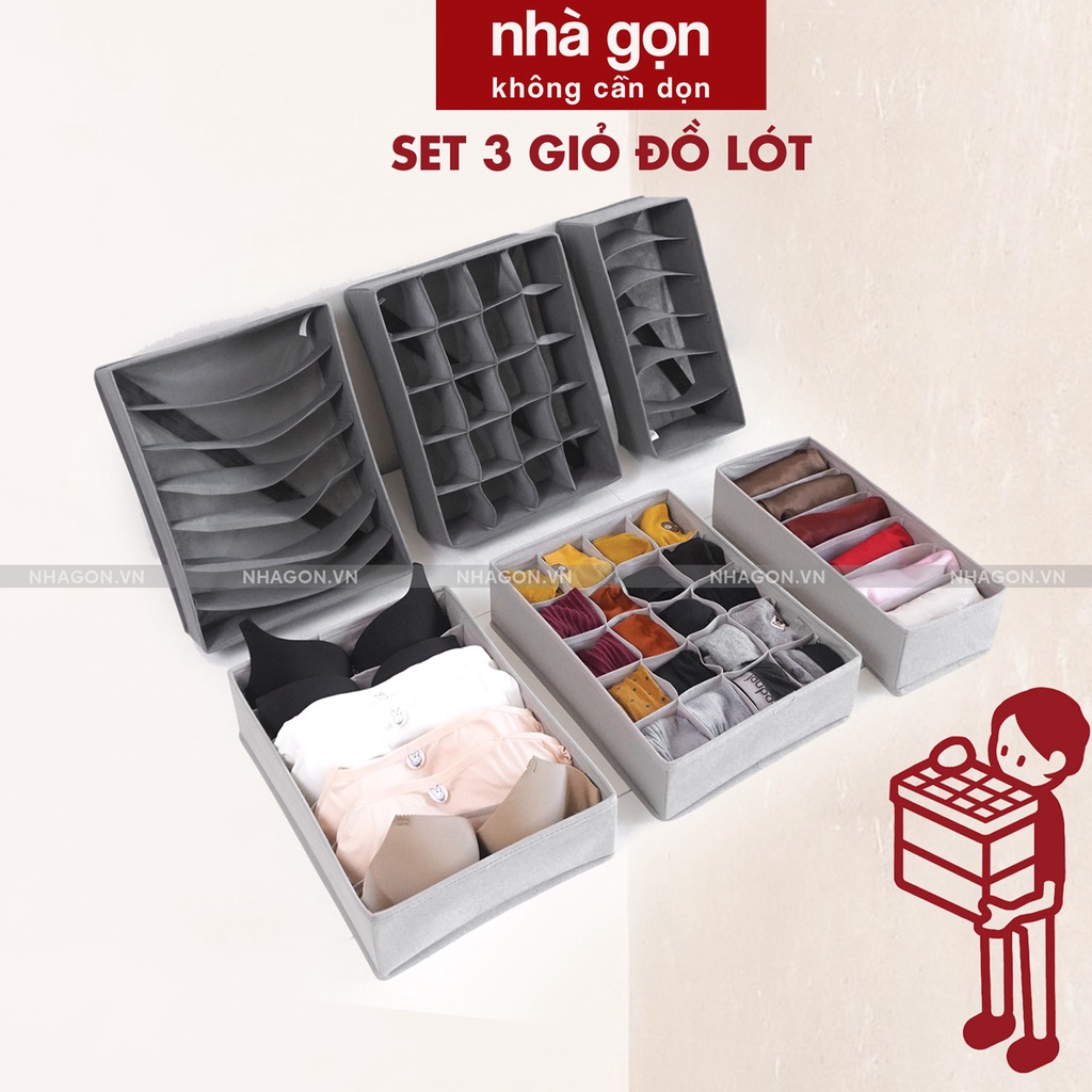 KHÔNG MÙI HÔI - Bộ 3 giỏ vải đựng đồ lót NHÀ GỌN, hộp vải đựng đồ quần áo ,hộp đựng đồ lót -Hàng Việt Nam