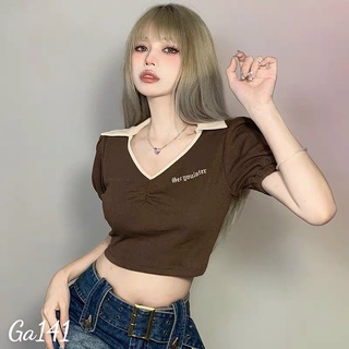 Áo kiểu tay bo cổ tim phom dáng croptop năng động cá tính Ga141