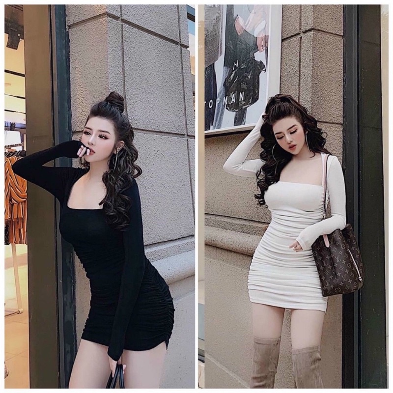 Đầm body nhún chens váy ôm cổ vuông sexy DT chất cotton đẹp