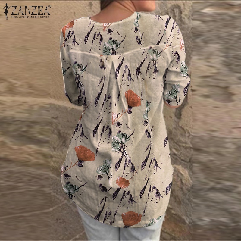 Zanzea Áo Sơ Mi Tay 3 / 4 Bằng Cotton In Họa Tiết Dành Cho Nữ