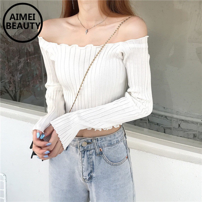 Áo Croptop trễ vai chất dệt kim cuộn viền tôn dáng F14-1 Pipy store, áo crt kiểu dài tay bẹt vai