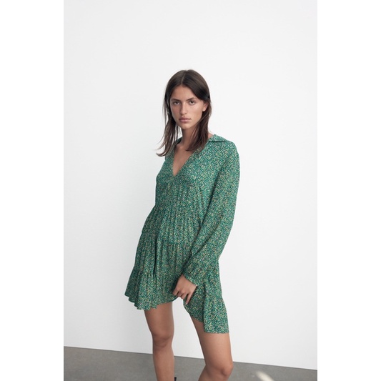 Váy baby doll hoa nhí xanh cổ bẻ Zarraa canh sale