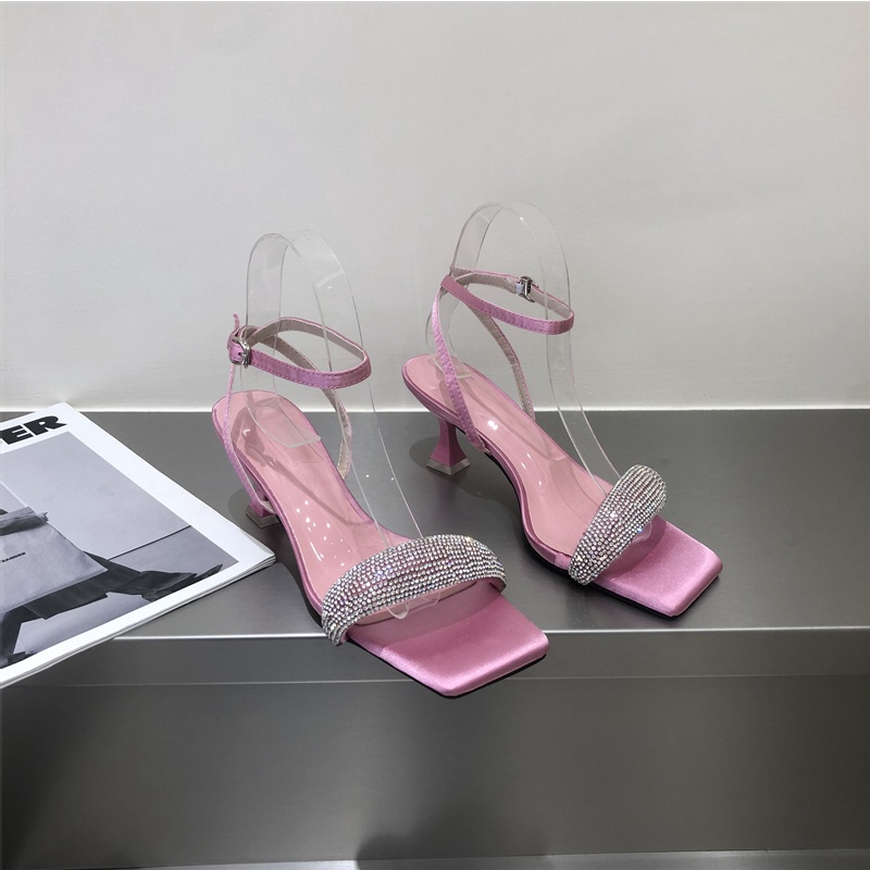 2022 new summer one-line high heel sandals rhinestone open toe white stiletto mid heel square toe women's shoes 0pDo