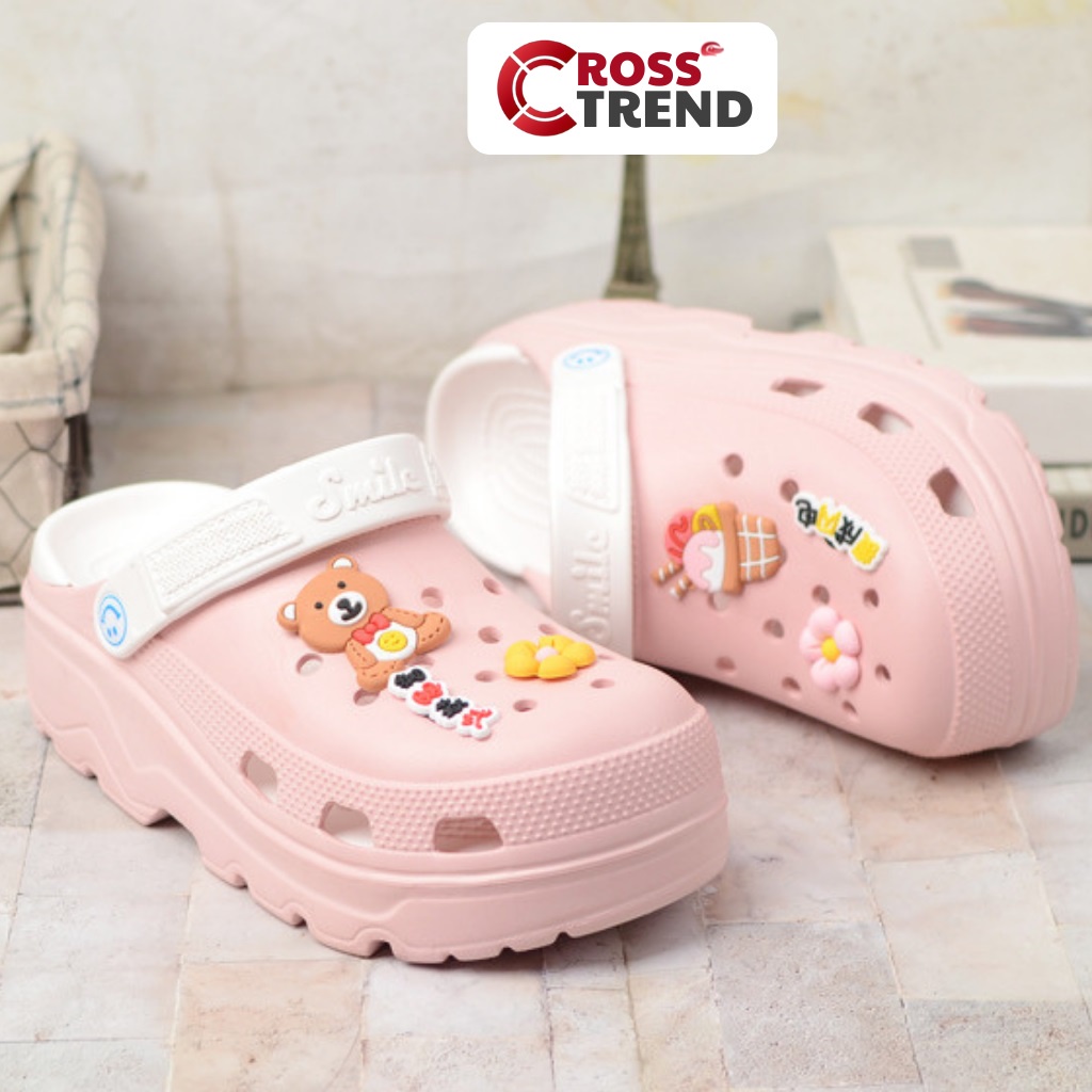 Dép cross, Crocs nữ đẹp Smile Hồng đế cao 4cm hãng Heng Yu 100% nhựa eva siêu êm chân tặng 8 sticker jibitz CROSS TREND