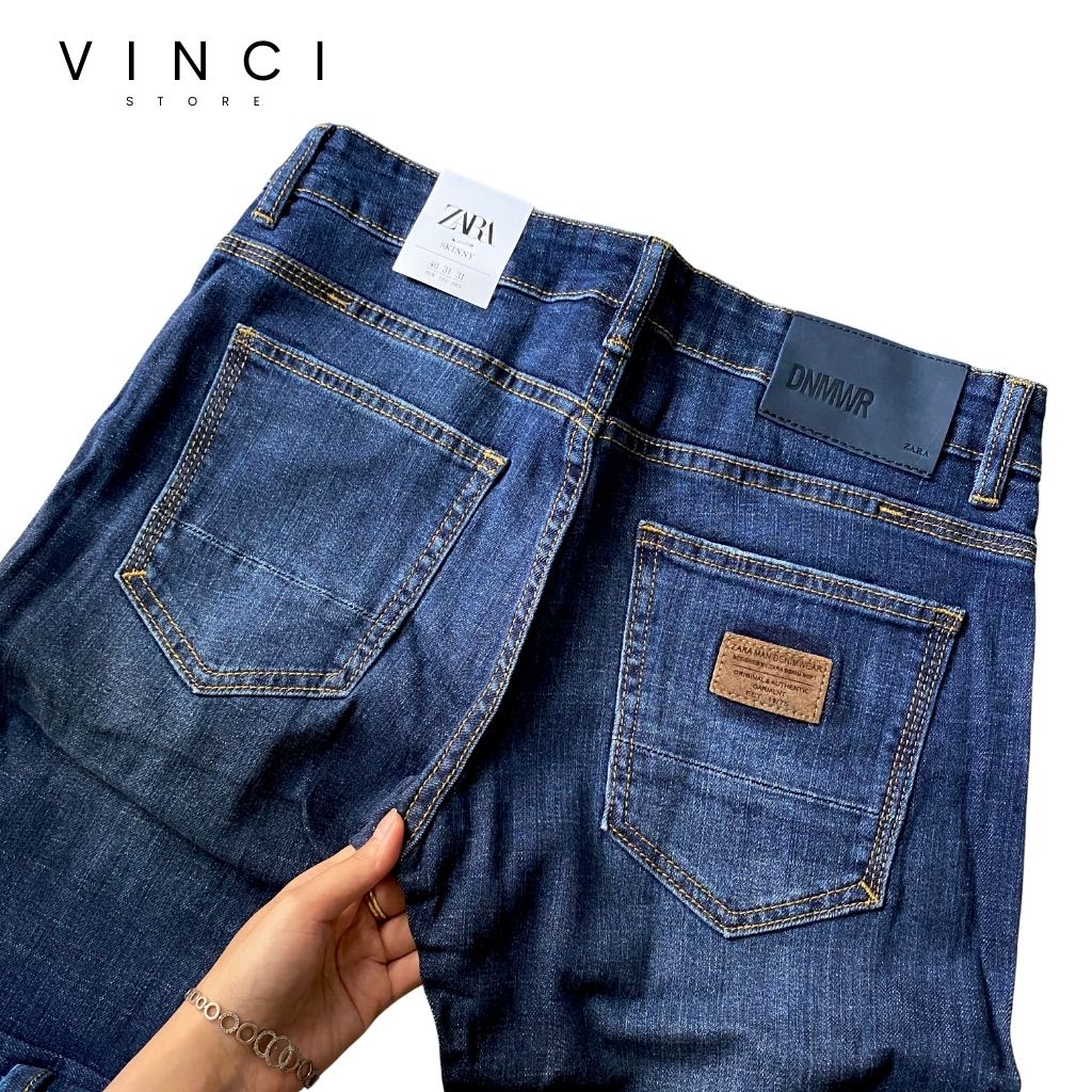 Quần Jean Nam  ZR xanh trơn slim fit ống côn co dãn vnxk | BigBuy360 - bigbuy360.vn
